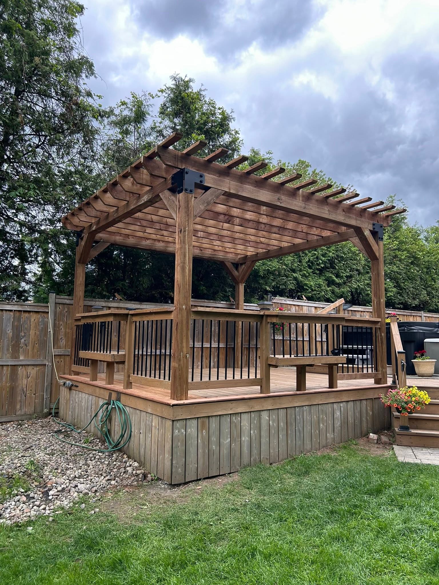 Timber pergola and raised deck viewed from the garden.
